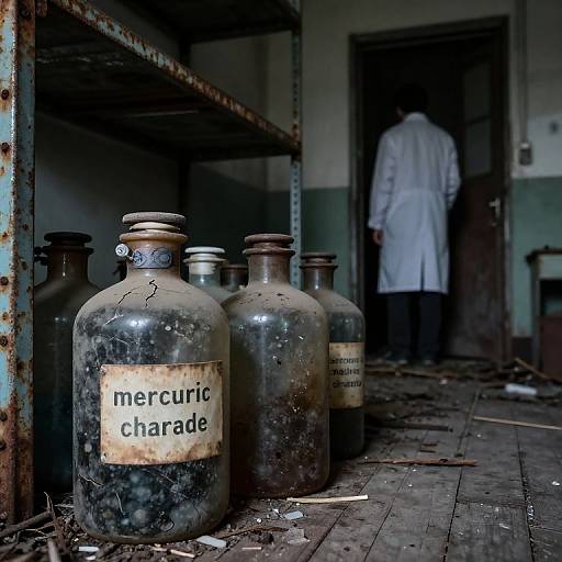 Photograph of an abandoned room with rusted shelves, cracked mercury chloride bottles, and a white-coated person standing in the dimly lit doorway.