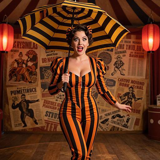 Photograph of a curvy woman with fair skin and red lipstick, wearing a black and orange striped circus-style dress and holding a matching striped umbrella,