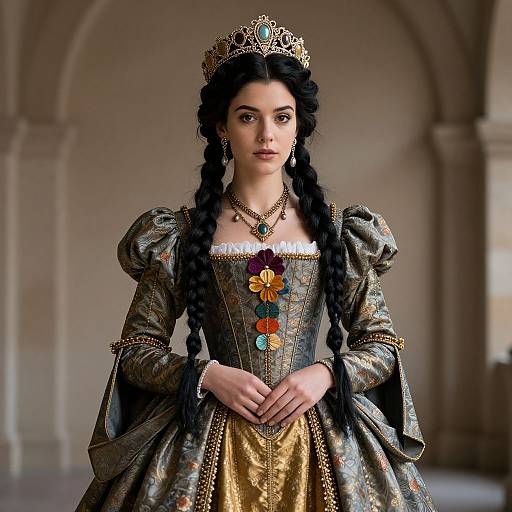 Photorealistic digital art of a young, pale-skinned queen with black braided hair, wearing a gold ornate tiara, detailed medieval dress