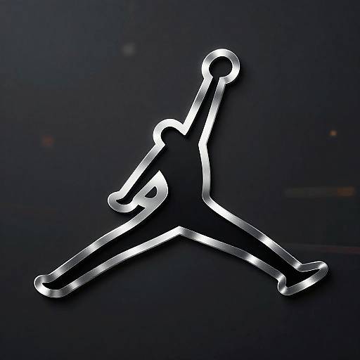 Photograph of a shiny silver silhouette logo resembling an abstract figure with crossed arms against a dark, glossy background.