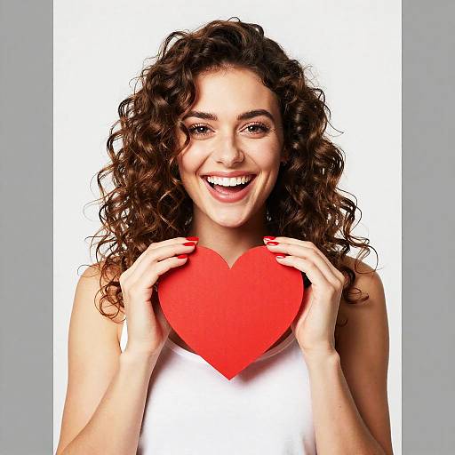 Photograph of a smiling curly-haired woman with fair skin holding a bright red heart against a white background.