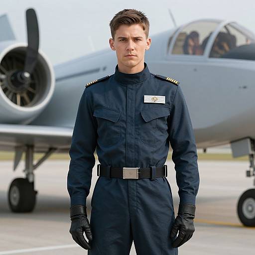 Photorealistic CGI of a stern-faced, young white male air force officer in navy uniform, black gloves, standing in front of a silver jet aircraft