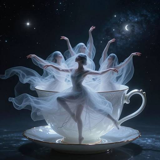 Digital artwork of a dancing, ethereal woman emerging from a glowing, translucent teacup in a starry night sky with a crescent moon.