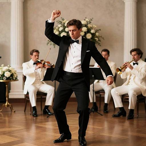 Energetic Man in Tuxedo Dancing
