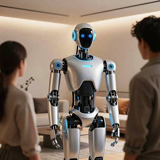Photograph of a futuristic, silver and black humanoid robot with glowing blue eyes, standing in a modern, softly lit living room, facing two blurred,