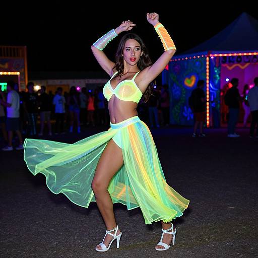 Photograph of a Latina woman in a neon yellow and green belly dancer outfit, white heels, and armbands, posing confidently at night, with colorful
