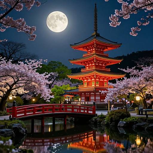 Photograph of a vibrant red Japanese pagoda under a full moon, surrounded by blooming cherry blossoms and a reflective pond with a red bridge,