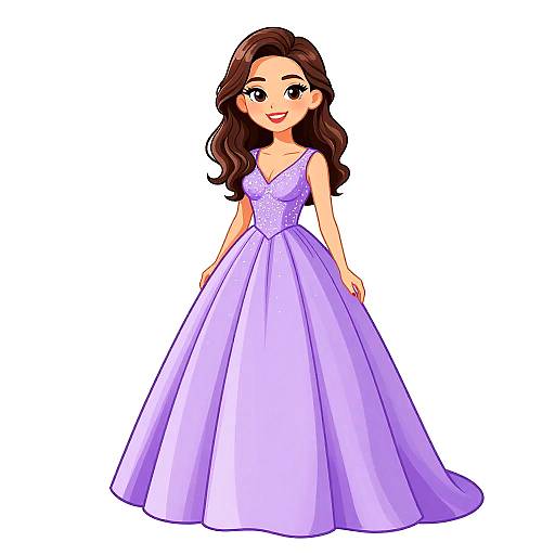 Digital cartoon of a smiling woman with long brown hair in a lilac, sleeveless, V-neck ball gown with a sparkling bodice.