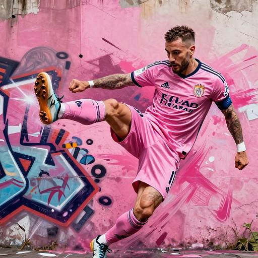 Photograph of a tattooed male soccer player in pink Real Madrid kit, mid-kick, against a vibrant pink graffiti-covered wall.
