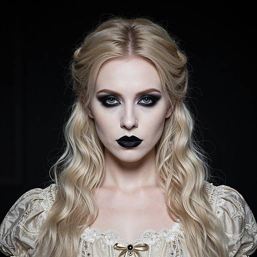 Photograph of a pale-skinned, blonde woman with wavy hair, black heavy eye makeup, and black lipstick, wearing a white lace dress against