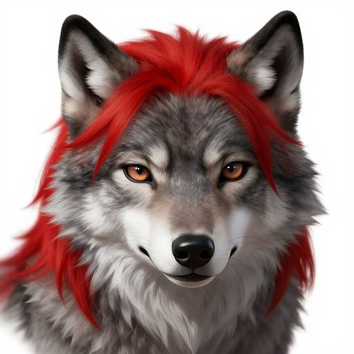 Digital painting of a wolf with striking red fur mane, intense amber eyes, and gray and white fur, set against a plain white background.