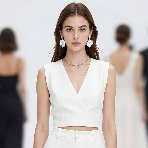 Photograph of a young woman with straight brown hair, wearing a white sleeveless V-neck top, white high-waisted pants, silver necklace,