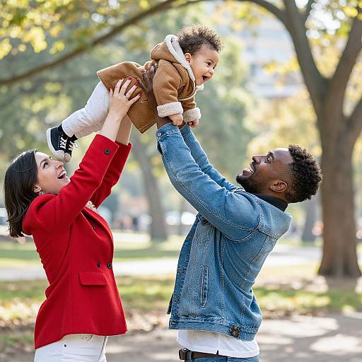 Photograph of a joyful Black couple in a park, the man in a blue denim jacket lifting their laughing baby in a brown coat. The woman wears