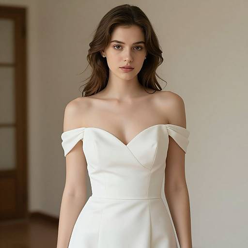 Photograph of a young woman with fair skin and brown wavy hair, wearing an off-shoulder white wedding dress, standing in a simple,