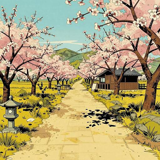Digital illustration of a sunny, cherry blossom-lined path leading to traditional Japanese houses with yellow fields and a mountain backdrop.