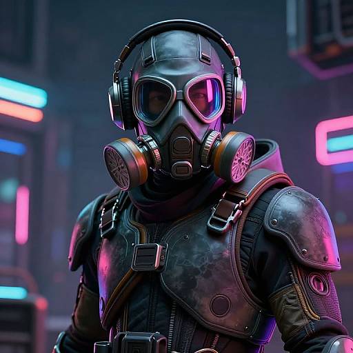 Cyberpunk street scene: Person in black leather armor, gas mask with orange canisters, reflective visor, neon-lit background, futuristic vibe
