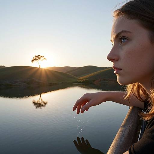 Photograph of a young woman with light brown hair and blue eyes, gazing at a serene lake during sunset, with her hand gently touching the water
