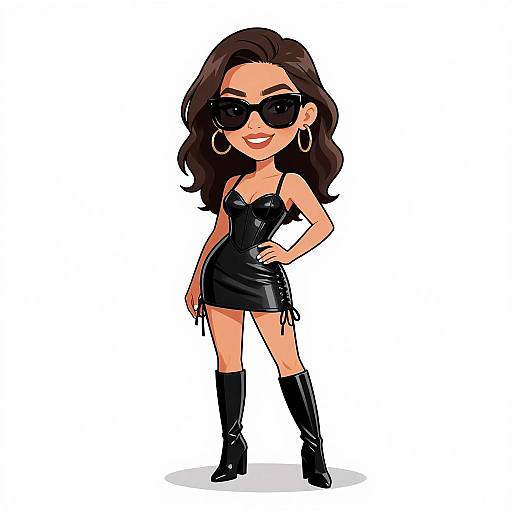 Digital cartoon of a confident woman with dark brown wavy hair, wearing black sunglasses, a tight black leather dress, and knee-high boots, standing with