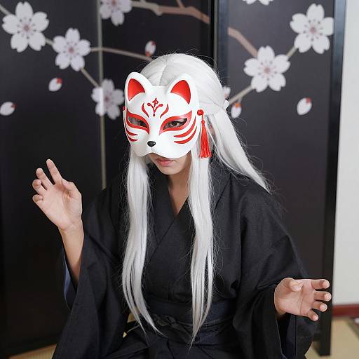 Elegant Fox-Masked Figure in Kimono