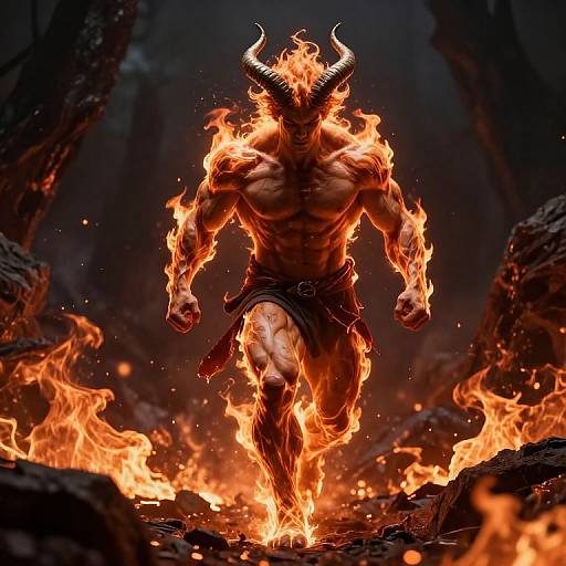 Fiery Horned Warrior in Dark Landscape