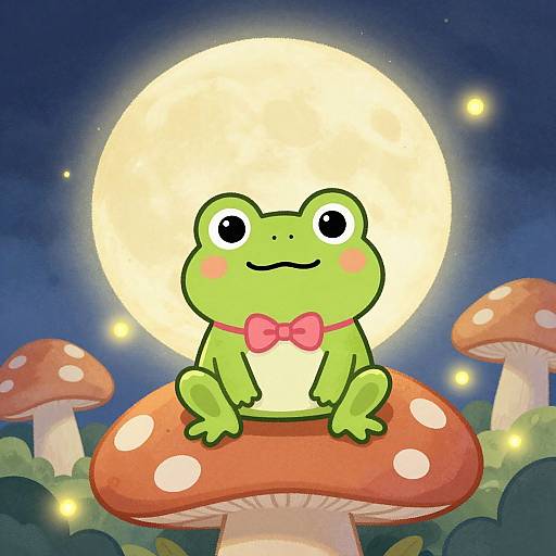 Cartoon green frog with pink bowtie sitting on red-spotted mushroom under full moon, surrounded by glowing mushrooms and fireflies.