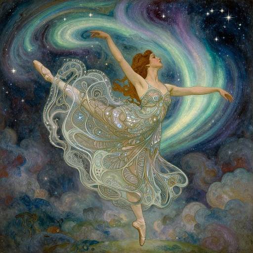 Fantasy painting of a ballerina with flowing, transparent, ornate dress dancing amidst swirling, glowing auroras in a starry, cosmic background