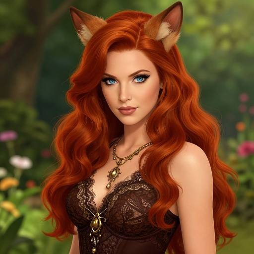Digital art of a fair-skinned, blue-eyed redheaded woman with fox ears, wearing a lace brown top and gold necklace, set against a blurred
