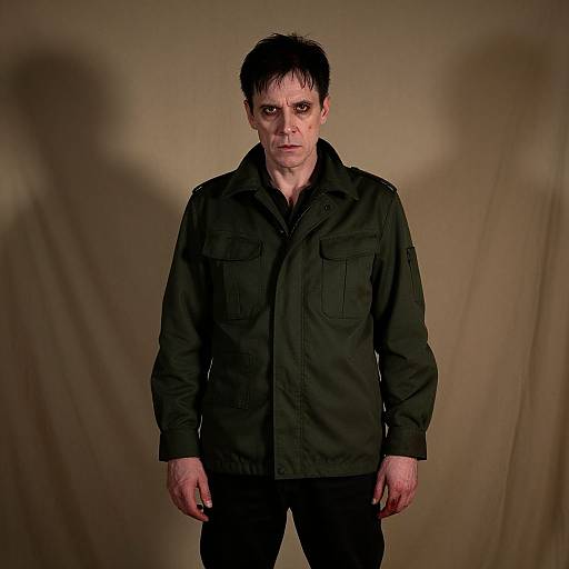Photograph of a pale, middle-aged man with short black hair, wearing a black jacket and black pants, standing against a beige draped background, casting