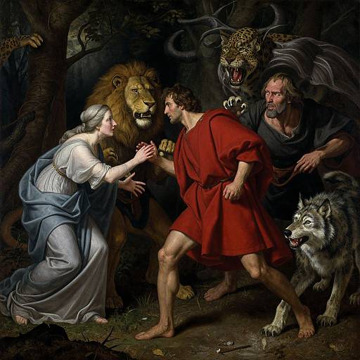Baroque-style painting: A woman in white dress and blue sash, kneeling, protects a man in red tunic from a snarling lion
