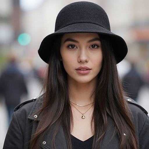 Photograph of a young woman with long dark hair, wearing a black hat and jacket, and a gold necklace, standing in a blurred urban background.