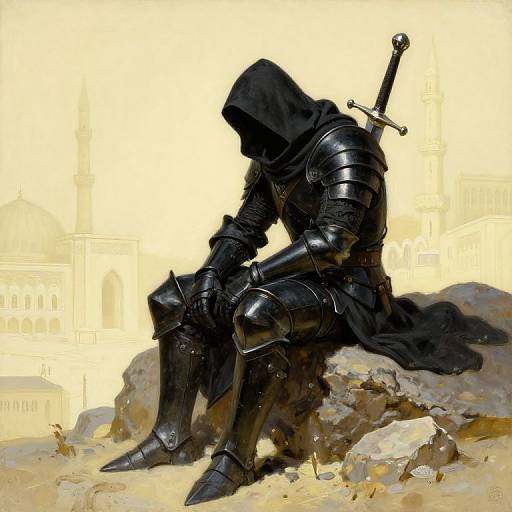 Digital painting of a hooded, armored warrior with a sword, sitting on rocky ground, back turned, in a sunlit, beige cityscape.