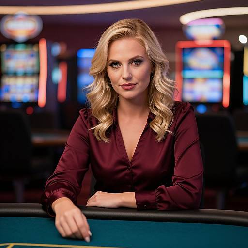 Photograph of a blonde woman with wavy hair, wearing a burgundy blouse, leaning on a poker table in a brightly lit casino. Blurred