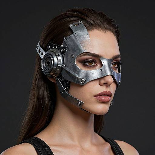 Photograph of a woman with fair skin, dark brown hair, wearing a metallic, steampunk-style mask with gears and headphones, against a black