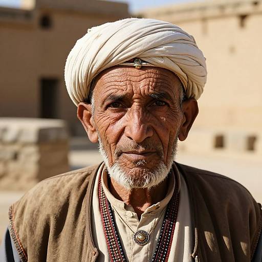 Photograph of an elderly Middle Eastern man with wrinkled face, white turban, brown beard, brown jacket, and beaded necklace, standing outdoors