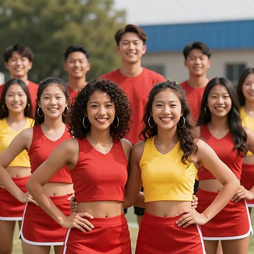 Cheerleading Squad in Red and Yellow Uniforms