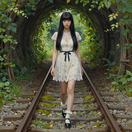 Photograph of a young woman with long black hair, wearing a white lace dress and black Mary Jane shoes, walking through a green, vine-covered railway