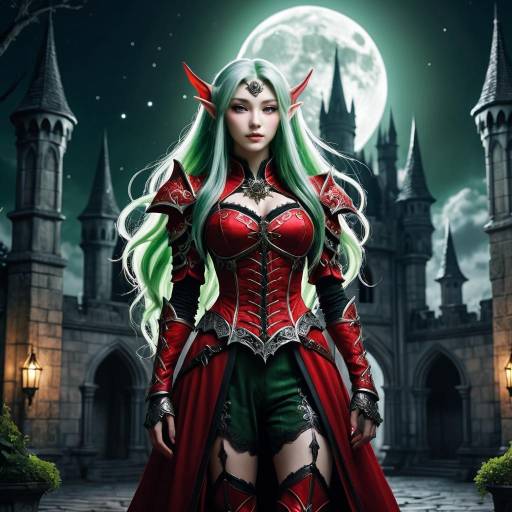 Elven Warrior with Silver Hair and Moonlit Castle
