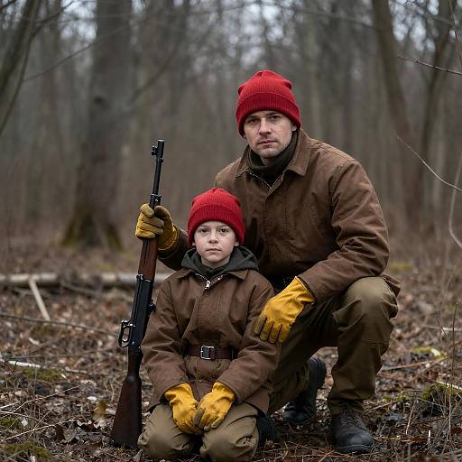 Crouching Man and Boy in Forest