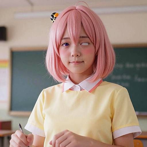 Photograph of a young woman with pink bob wig, wearing a yellow school uniform, holding a pen, gazing to the side, in a classroom