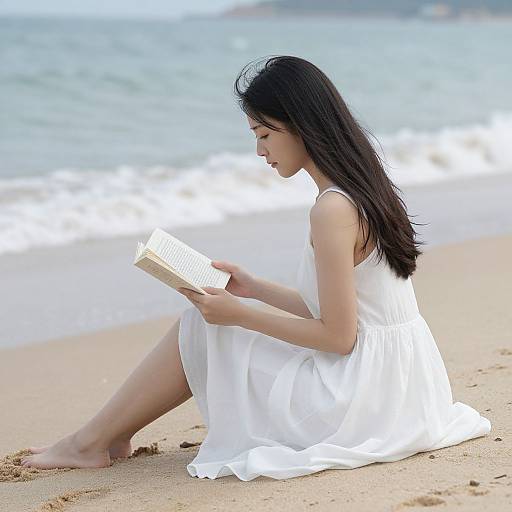 Asian woman with long black hair, wearing a white dress, sitting on a sandy beach, reading a book by the ocean.