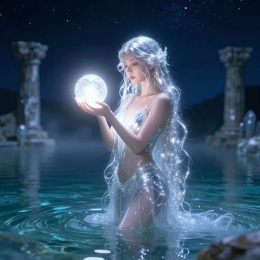 Digital artwork of a glowing, ethereal woman with long, flowing silver hair, holding a bright orb in a moonlit, mystical water scene, surrounded