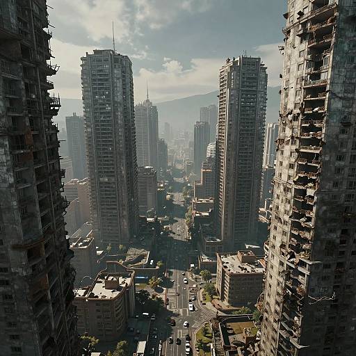 Photograph of a dense, urban skyline with towering, unfinished skyscrapers surrounded by completed buildings under a partly cloudy sky. Shadows and sunlight create a