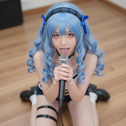 Young Woman with Blue Curly Wig Singing