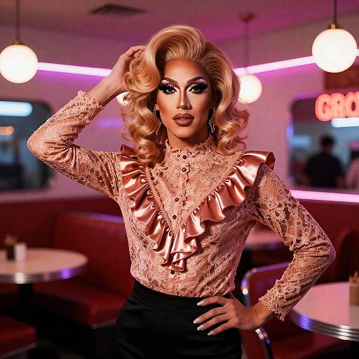 Drag Performer in Rose Gold Blouse at Neon Diner