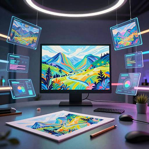 Digital art workstation featuring a vibrant mountain landscape on a monitor, surrounded by glowing, neon-effect digital displays, with a canvas and art supplies on a sleek