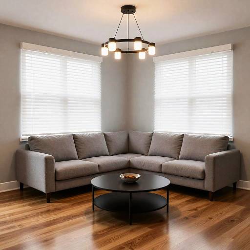 Modern Living Room with Grey Sofa and Wood Flooring