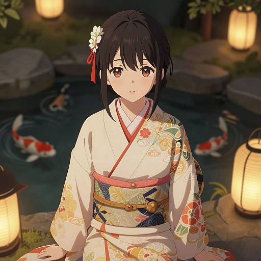 Anime-style digital illustration of a young woman with black hair, wearing a floral kimono, sitting by a lantern-lit pond with koi fish.