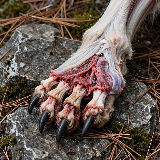 Photograph of a detailed, realistic, white-furred, clawed monster paw with exposed red bone and black claws on a mossy, pine-