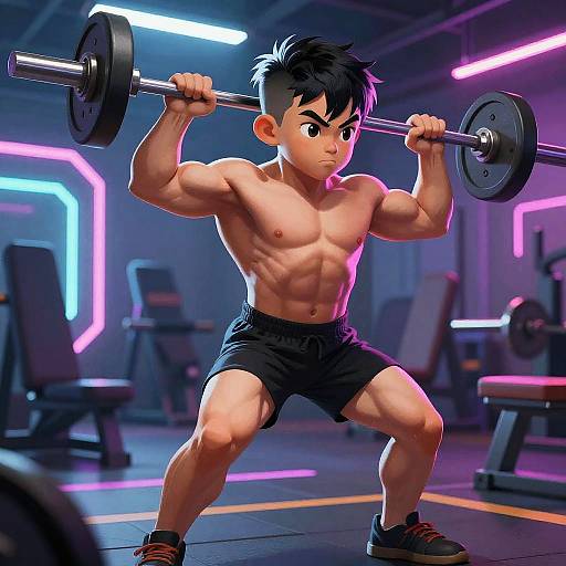 Digital anime-style drawing of a muscular, young, shirtless boy with black hair squatting in a neon-lit gym, lifting a heavy barbell