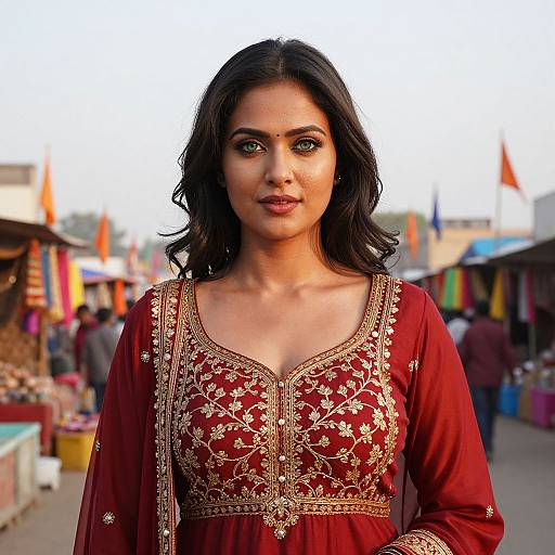 Photograph of a beautiful Indian woman with dark hair, wearing a rich red embroidered kurti, standing in a vibrant, bustling market.